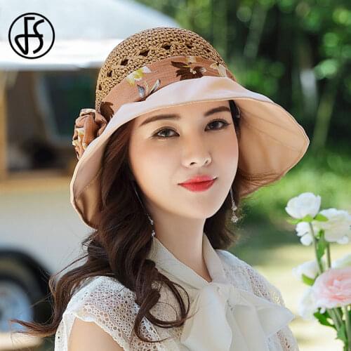 FS Wide Brim Straw Hat Women Beach Hats Big Flowers Ladies Summer 2021 Sun Protection Foldable Floppy Shade Cap Sunhat