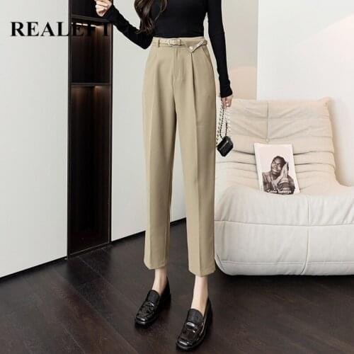 REALEFT 2021 New Autumn Harem Pants Fashion Solid Color High Waist Elegant Office Lady Style Ankle Lenght Womens Trouser Female