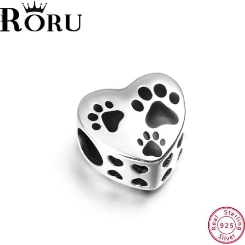 Ladys Pet Footprint Small Jewelry Charm Original Silver 925 Beads For Bracelet Heart Shape DIY Jewelry