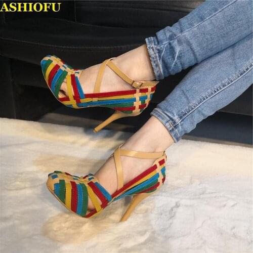 ASHIOFU New Handcrafted Ladies High Heel Pumps X-buckle Strap Retro Party Shoes Sexy Evening Club Fashion Court Shoes