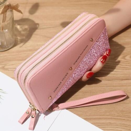 Women Long Wallet Double Zipper Sequin Stitching Large Capacity Mobile Phone Bag Rivet Decoration Money Clip Coin Purse