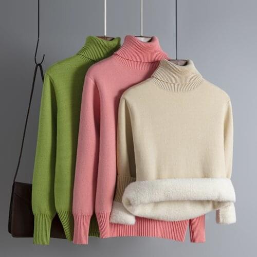 Winter womens Overize Turtleneck thick knitwear solid-color slim Sweater Korean fashion womens fleece Pullovers Mink Cashmere