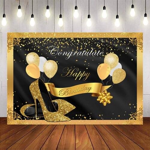 Gold glitter congratulate birthday party decoration backdrop High heels glitter dots balloons Golden Background for photo studio