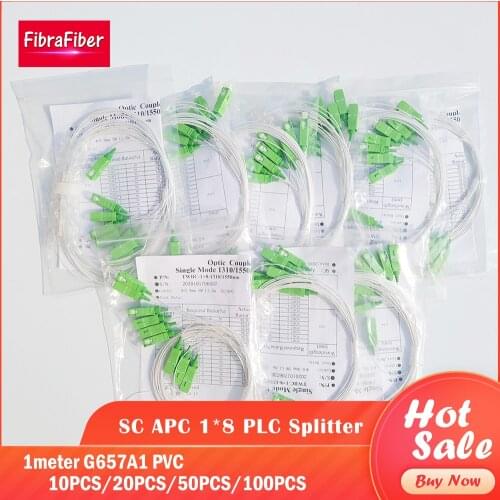 100pcs/Lot 1X8 PLC Steel Tube Splitter SC/APC SM 0.9mm G657A1 PVC 1m Single Mode FTTH Fiber Optic Splitter Divisor de Fibra