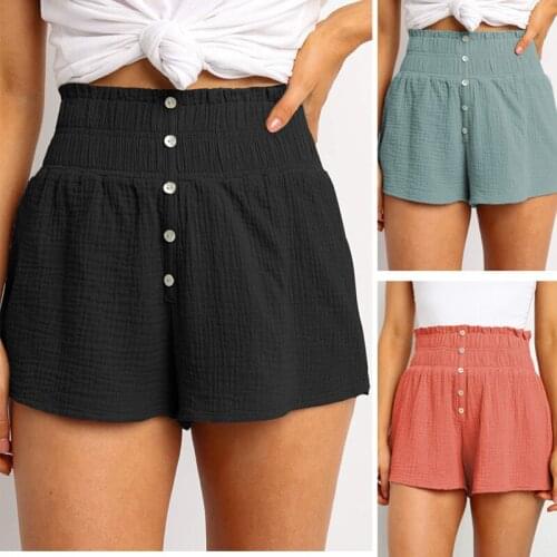 2020 Summer New Solid Color High Waist Button Decoration Casual Straight Short Pants Draped Elastic Women Short Pants