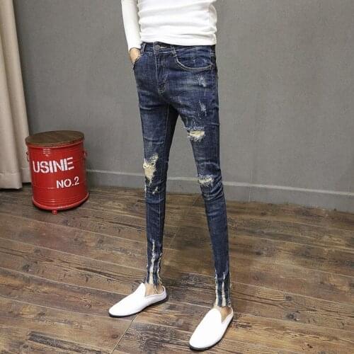 New blue ripped patch slim-fit feet pants male Korean raw edge cat claw stretch denim ankle length teenager pencil pants male