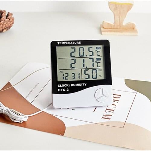 Thermometer Hygrometer Dual Probe Display Electronic Humidity Temperature Meter LCD Time Desktop Table Clocks