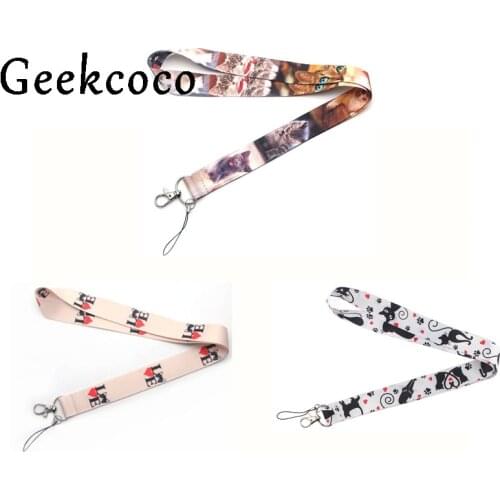 Kawaii Cat animal Lanyard phone strap fabric holder necklace accessory for key neck straps id badge holders webbing ribbon J0477