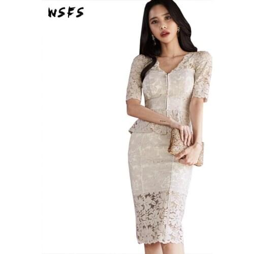 2 Piece Set Summer Dresses Khaki Lace Top Bandage Bodycon Ruffles Dinner Women Dress Midi Wrap Skirt Elegant Sexy Party Clothes