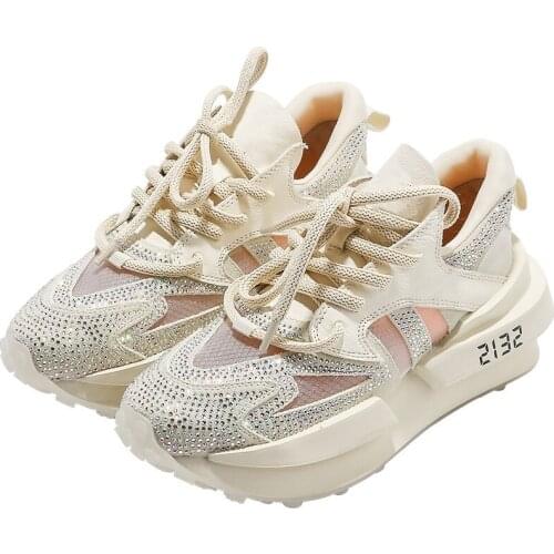 Spring New Patchwork Cow Genuine Leather Women Sports Shoes Thick Platform Sneakers Female Outdoor Shiny Diamonds Running Shoes