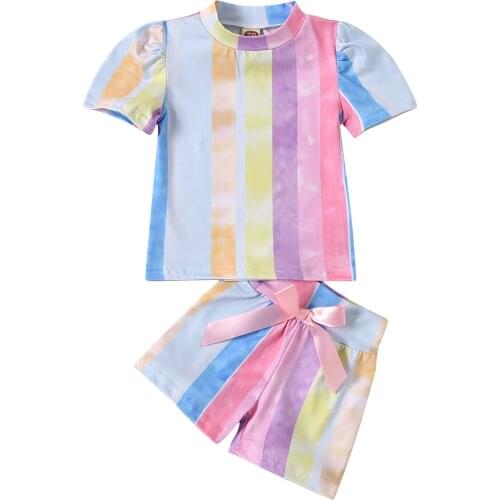 Lioraitiin 0-24M Newborn Infant Baby Girls Stripe Short Sleeve T-shirt and Bowknot Shorts for Photography Birthday Party 2Pcs