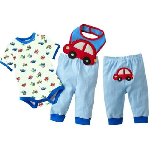 Fashion 100% Cotton Baby Clothes Bodysuits Car Boys Tops Trousers Towel Set Short Sleeve Body Suit PP Pant Bibs