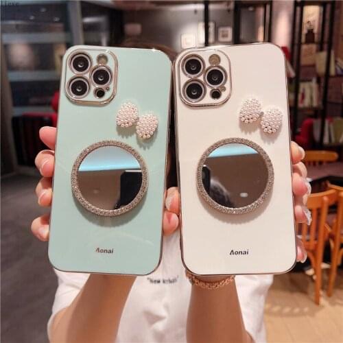Fashion Brand Plating Round Rabbit Mirror for Iphone 12 11 Pro Max 7 8 Plus X XR Girl Diamond Crystal Soft Gift for girls case