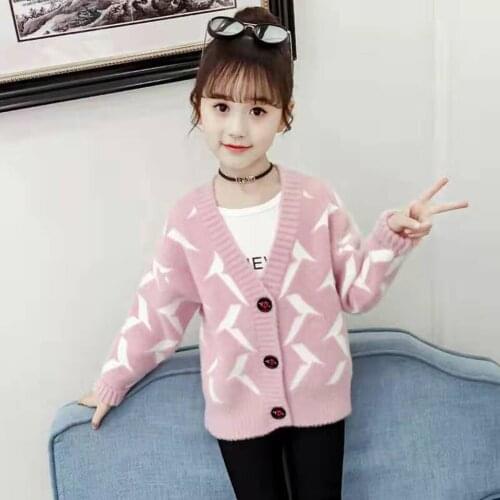 Fashion 2019 Baby Girls Autumn Winter v-neck Collar Warm Sweater Colthes Children Clothing Knitted Pink New Kids Girl Sweaters