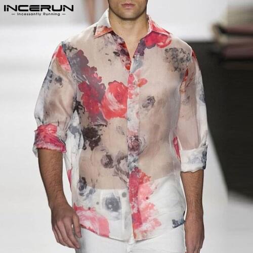 Men Mesh Shirt Printing Transparent Streetwear Lapel Long Sleeve Casual Men Clothing 2021 Sexy Party Nightclub Camisas INCERUN