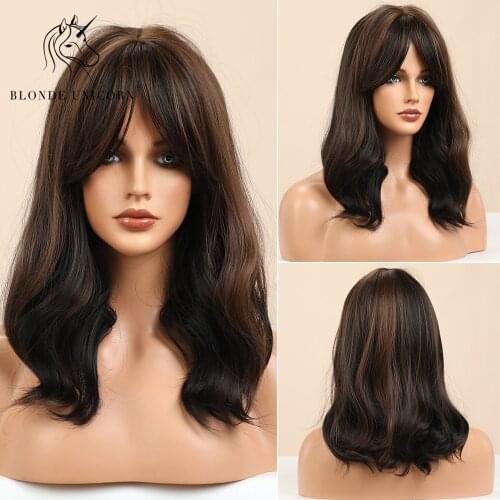 Blonde Unicorn Medium Length Synthetic Dark Brown Wavy Wigs with Bangs for White/Black Women Heat Resistant Cosplay Daily Hair
