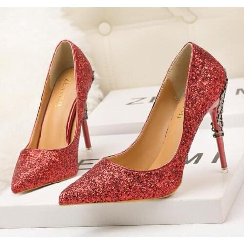Mariahzheng Sexy Nightclub Womens Shoes Metal with Stiletto High Heel Shallow Mouth Pointed Sequin Women Single Shoes ZWM