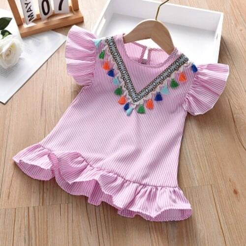 #EW Baby Girls Dress Summer Embroidery Draped O-Neck Fly Sleeve Casual Dress Tassels Ruffle Stripe Print Brief Dress robe été