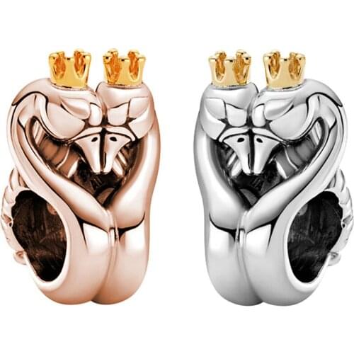 Fit European Brand Pan Gold Crown Swan Charms Bracelet Women Heart Necks Snuggle Swans Beads for Jewelry Making DIY Lover Bangle