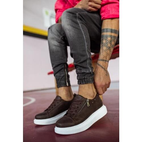 Knack Casual Male Shoes Brown Seasonal High Outsole Lace-Up Closure Zipper Detail Faux Leather Delightful Clothing Shoes 555