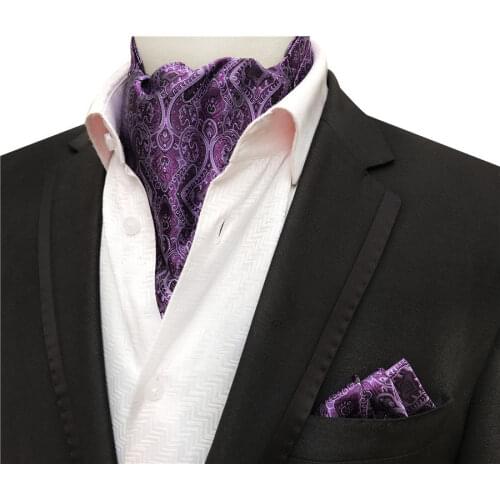 Dropshipping Men Ascot Set Man Formal Occasion Scarf Neck Tie with Purple Paisley Pocket Square
