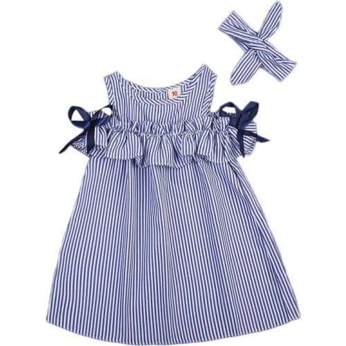 Pudcoco US Stock New Style Kids Baby Girls Dress Striped Short Sleeve Top Dress Off-shoulder Party Gown Dresses Sundress