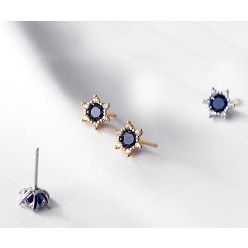 Real 925 Sterling Silver Blue Zircon Star Stud Earrings For Fashion Women Party Cute Fine Jewelr Minimalist Accessories