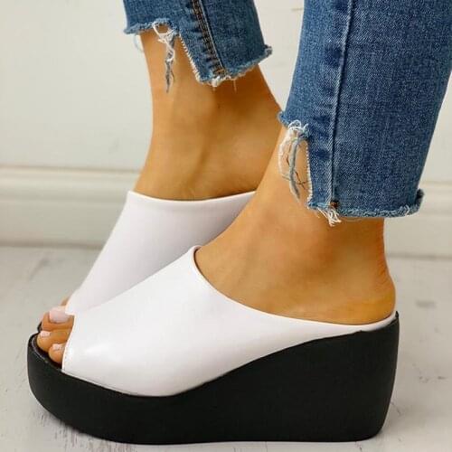 Summer Women Slipper Wedges Leather Slip on Casual Beach Slides Platform Ladies Shoes Height Increasing Chunky Zapatos De Mujer