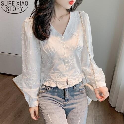 Vintage Embroidery Blouse V-neck Puff Sleeve 2021 Autumn New White High Waist Short Lace Shirt Women Blusas Mujer De Moda 10536