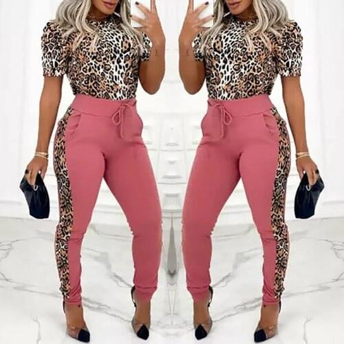 Women Sexy Cheetah Print Top & Colorblock Drawstring Trousers Womens Two Pieces Suits Skinny Pencil Pants Set Tracksuit Casual