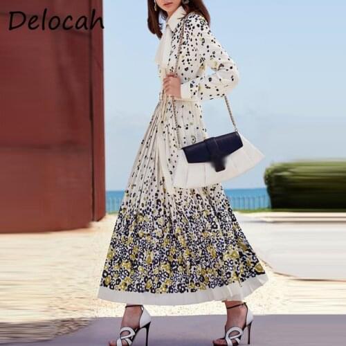 Delocah New 2021 Autumn Women Fashion Runway A-Line Dress Bow Sashes Lantern Sleeve Floral Print Ladies Midi Dresses Vestidos