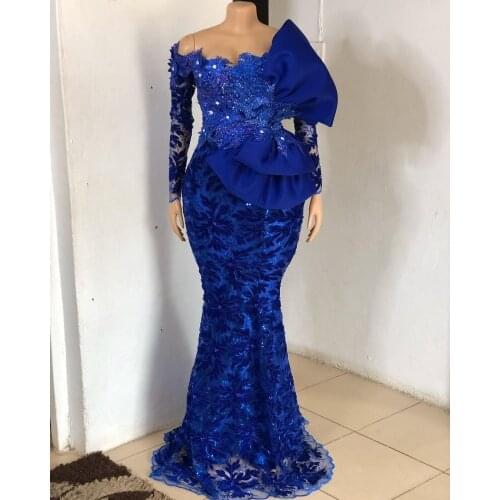 Formal Blue Evening Dress for Women Off the Shoulder Beading Lace Mermaid Prom Gowns Long Sleeves robe de soirée de mariage