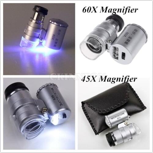 200Pcs/Lot 45X 60X Mini Microscope Magnifier Magnifying Glass Jeweler Loup 2LED Light