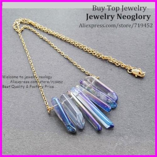 5pcs Polished Blue Rainbow Titanium Aura Cryatal Quartz Spike Necklace Druzy Point Arrow Boho Gems with Gold Brass Chain