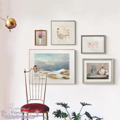 Abstract Mountain Cloud River Landscape Poster Women Rest Flower Canvas Painting Vintage Wall Art Picture Living Room Decor