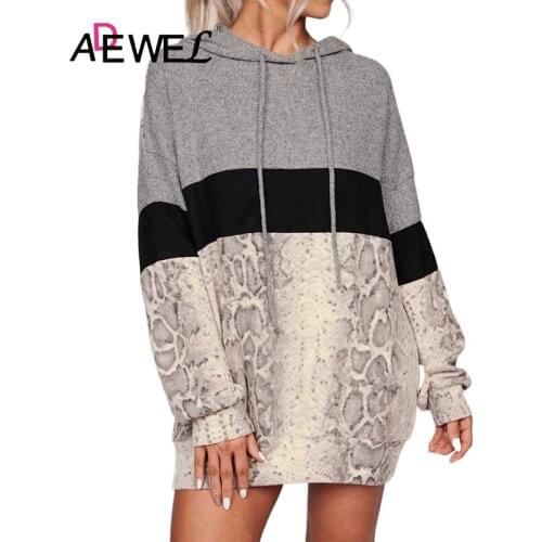 ADEWEL Grey Long Sleeve Snakeskin Print Color Block Hoodie Plus Size Sudaderas Winter Clothes Women Oversized Sweatshirt 2XL