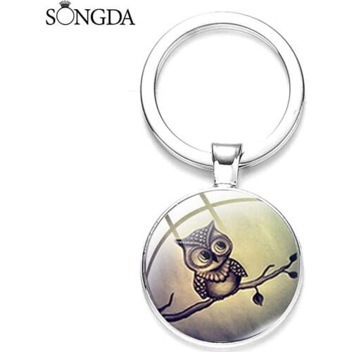 Steampunk Owl Keychains Handmade Animal Picture Glass Dome Vintage Metal Holder Key Ring Car Key Chain Jewelry Gifts Accessories