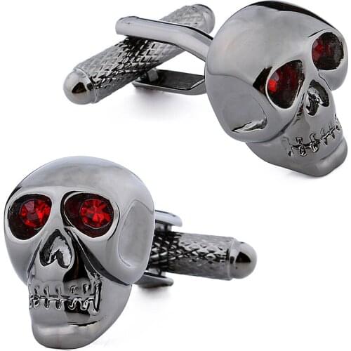 Brand Fashion Black Skull Skeleton Cuff links for Men Red Crystal Shirt Cufflinks