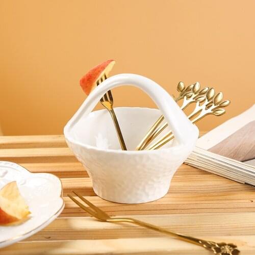 GY Creative Relief Fruit Fork Basket Japanese-Style Ceramic Small Flower Basket Portable Snack Spork Storage Basket Ornaments