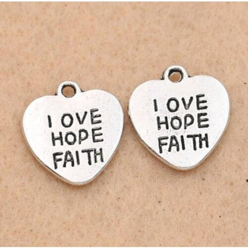 KJjewel Tibetan Silver Plated Love Hope Faith Heart Charms Pendants for Necklace Bracelets Jewelry Making Accessories 15x14mm