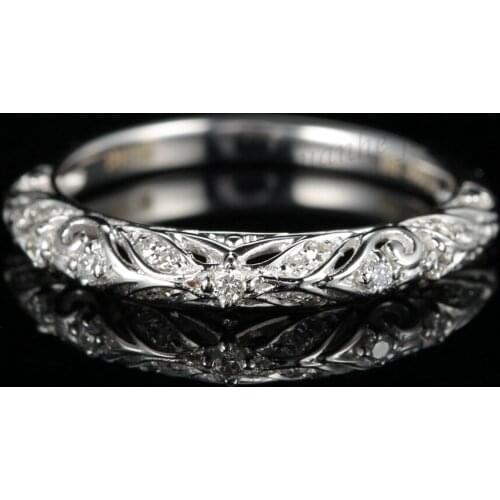 BAIHE Solid 14k White Gold(AU585) Art Nouveau Filigree Anniversary Band Diamonds Wedding Fashion Gift Ring