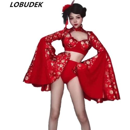 Vintage Print Pagoda Sleeve Tops Bikini Set Chinese Style Dance Costume Nightclub Bar Party Show Singer Dancer Stage Wear