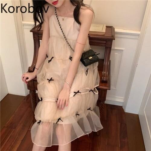 Korobov 2020 Summer Sweet Bow Spaghetti Strap Dress Korean A-Line High Waist Female Dresses Chic Mesh Beach Style Robe Femme
