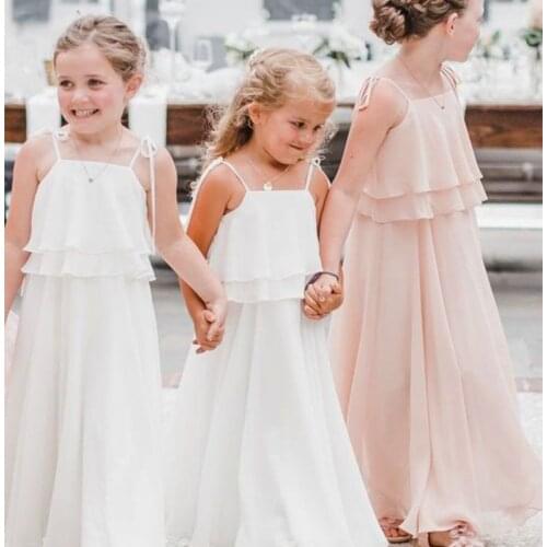 Cute 2021 New Design White Blush Summer Chiffon Toddler Junior Girlls Wedding Party Flower Girl Dresses Gowns
