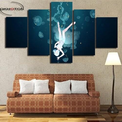 Cartoon Girl On The Sea Jellyfish Modular Picture Home Decorative 5 Pieces Unframed Painting Prints Poster