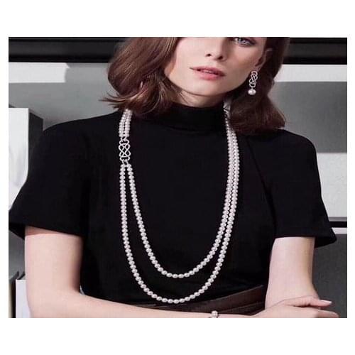 2 row 7-8mm south sea round white pearl necklace 24"26" CZ zircon Pendant 925 silver