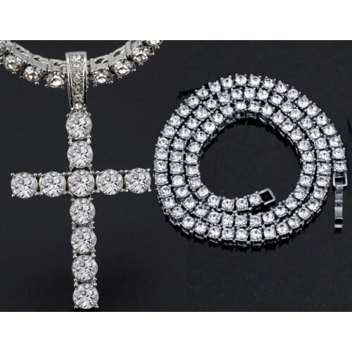 Hip Hop Cross Pendant Necklace with 4mm Zircon Tennis Chain Iced out Bling Necklaces HipHop Jewelry Fashion Gift Men Women