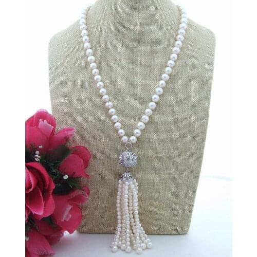 S042610 23'' Natural 10mm Pearl&CZ Pendant Necklace