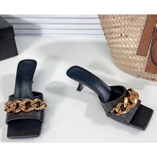 Women Square Toe Slippers 2021 Summer Women Shoes New Fashion Leather Female Slippers With Chain