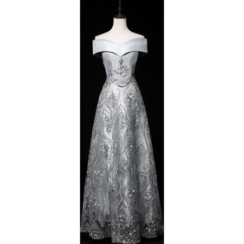 Evening Dresses Boat Neck Gray Lace A-line Floor-length Lace up Off the Shoulder Sleeves Plus size Customized Formal Dress R1337